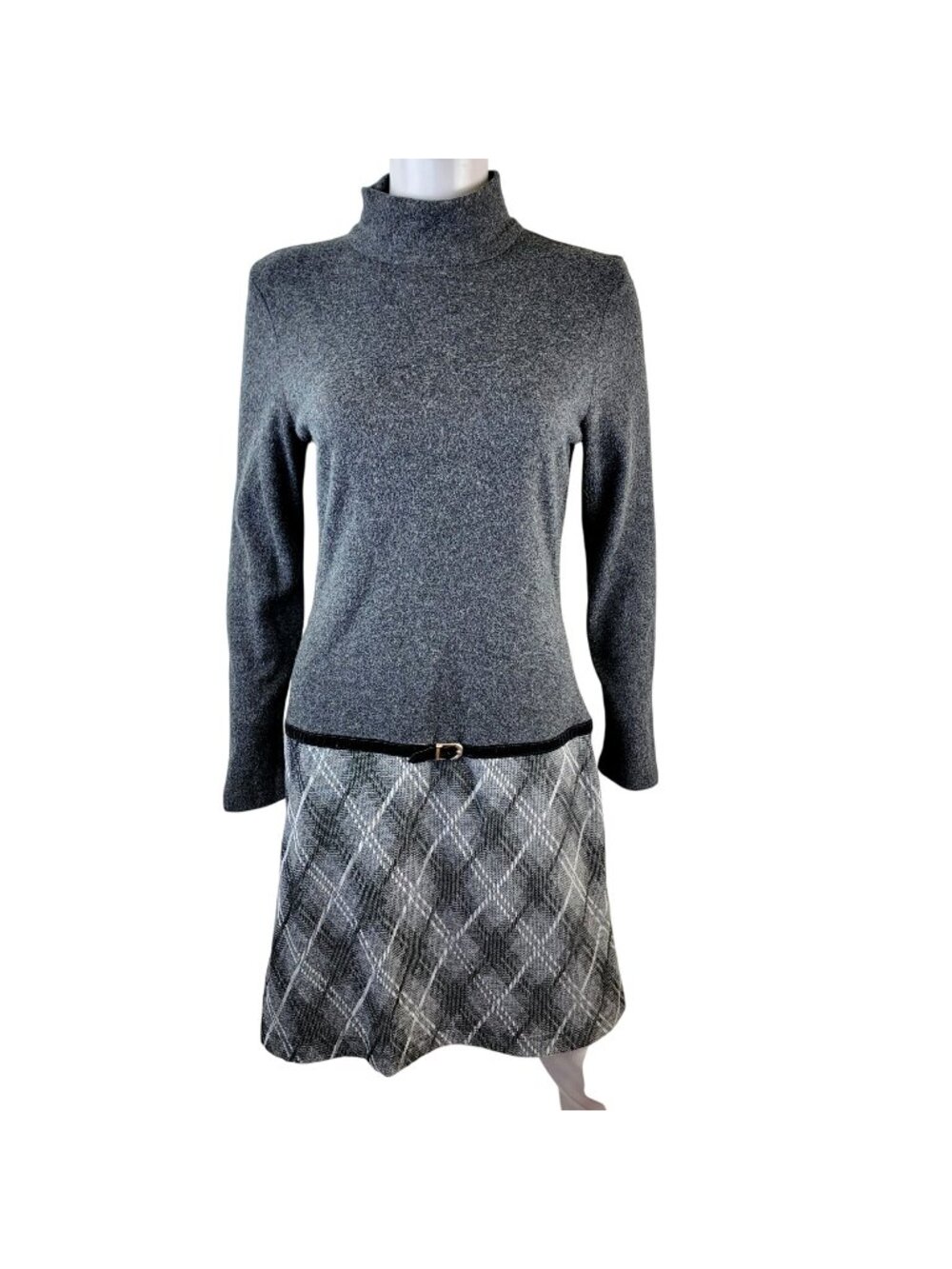 Vintage 90s Drop Waist Dress Women Large Plaid Gray Preppy Knee Length Sheath 12